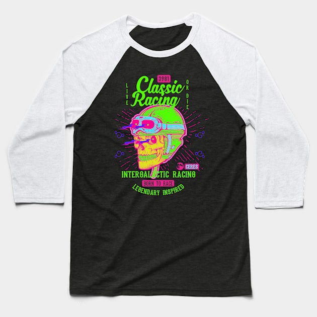 Bike Rider Retro Skull Neon Baseball T-Shirt by TOKEBI